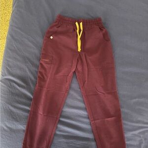 Figs Women's Burgundy Jogger Pants with Yellow Drawstring